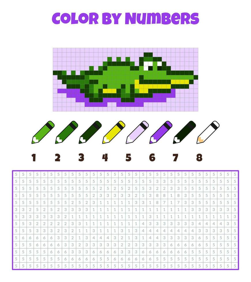 Color by numbers. Education game for children. Crocodile, wild animal. Coloring book with numbered squares. Pixel art. Graphic task for kids. vector