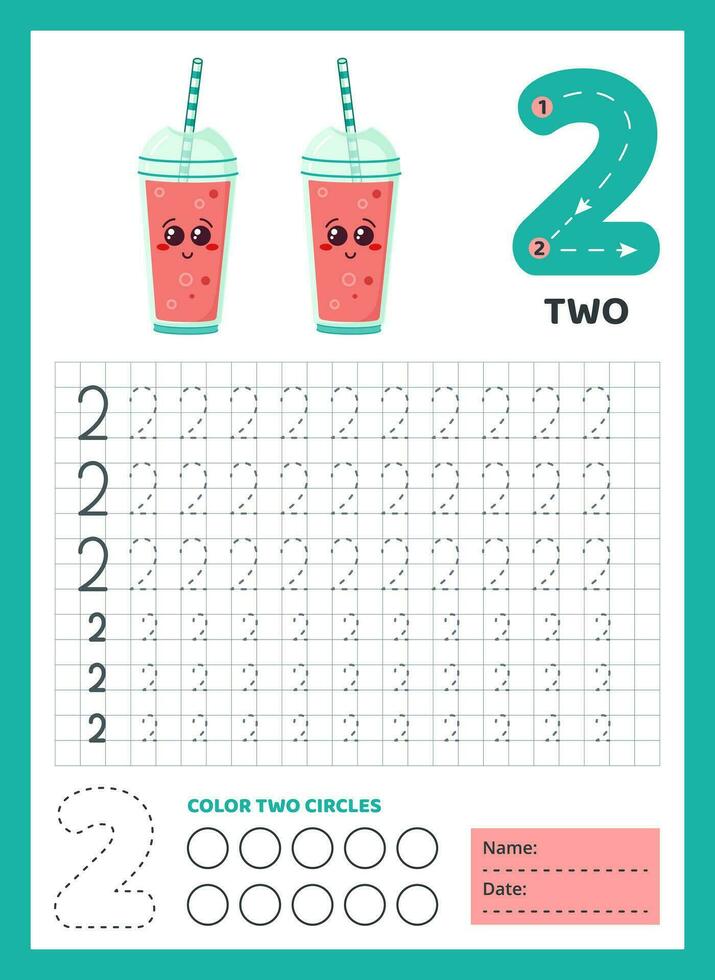 Numbers tracing practice. Writing number two. Tracing worksheet with two cute cocktails. Printable graphic tasks for motor skills. Math game for children who learn to count and write. Vector. vector