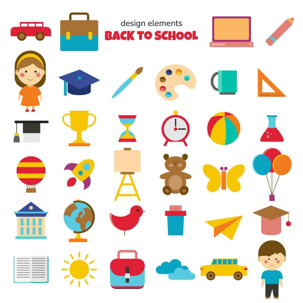 Back to school cartoon collection. Big set of colorful school supplies. Subjects for education. isolated vector design elements in flat style on white background.