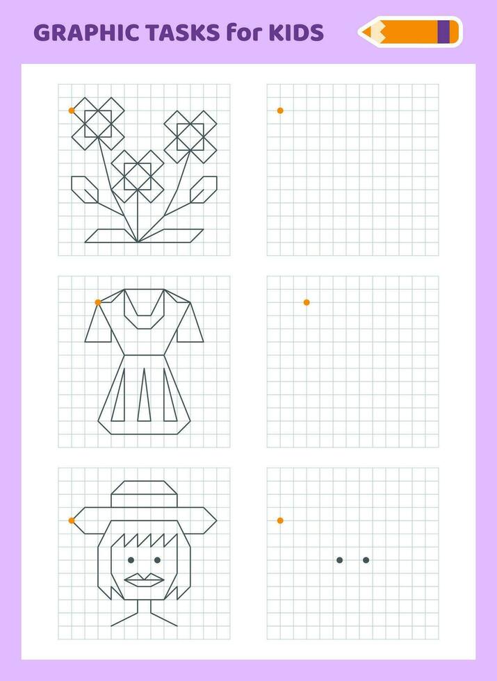 Drawing by cells. Educational game for preschool children. Worksheets for practicing logic and motor skills. Game for children. Graphic tasks with different objects and elements. Vector illustration