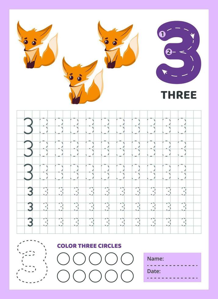 Numbers tracing practice. Writing number three. Tracing worksheet with cute three foxes. Printable graphic tasks for motor skills. Math game for children who learn to count and write. Vector. vector