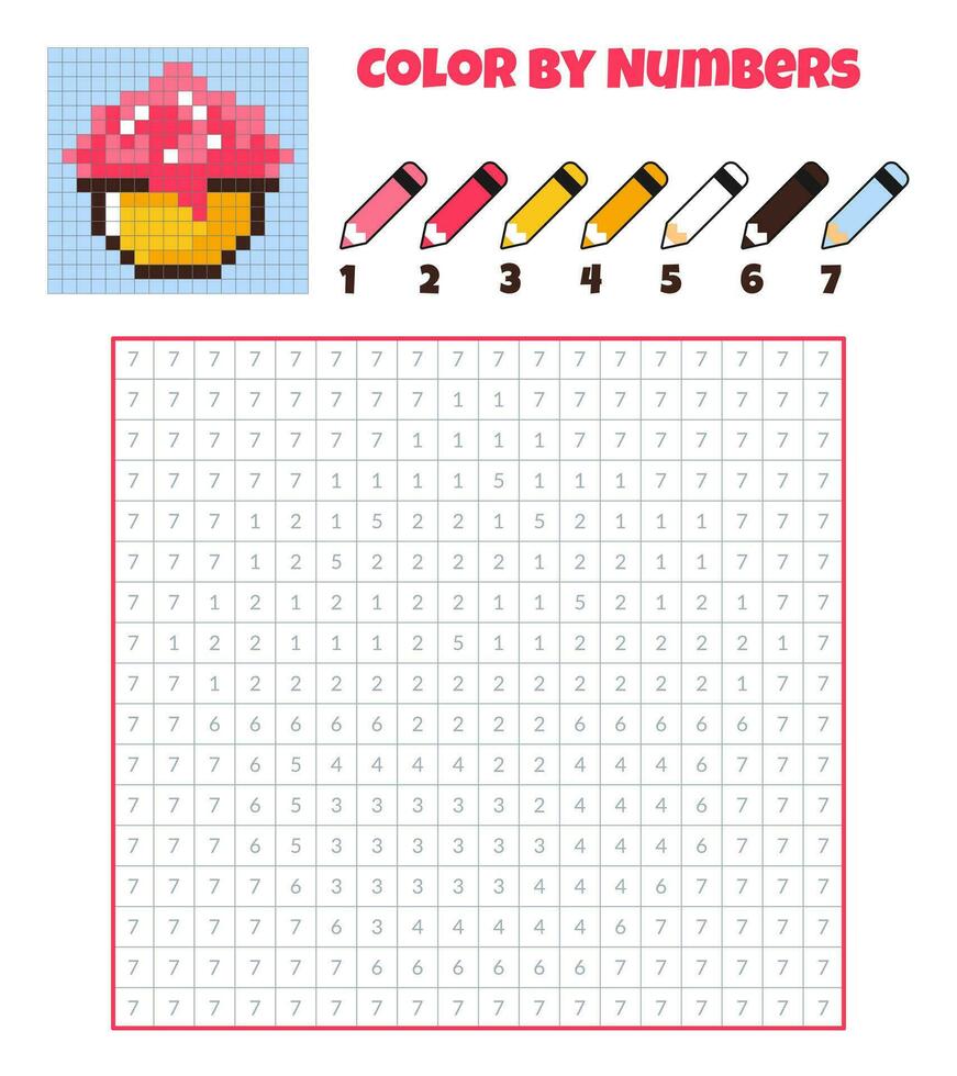 Color by numbers. Education game for children. Pudding, sweets, dessert. Coloring book with numbered squares. Pixel art. Graphic task for kids. vector