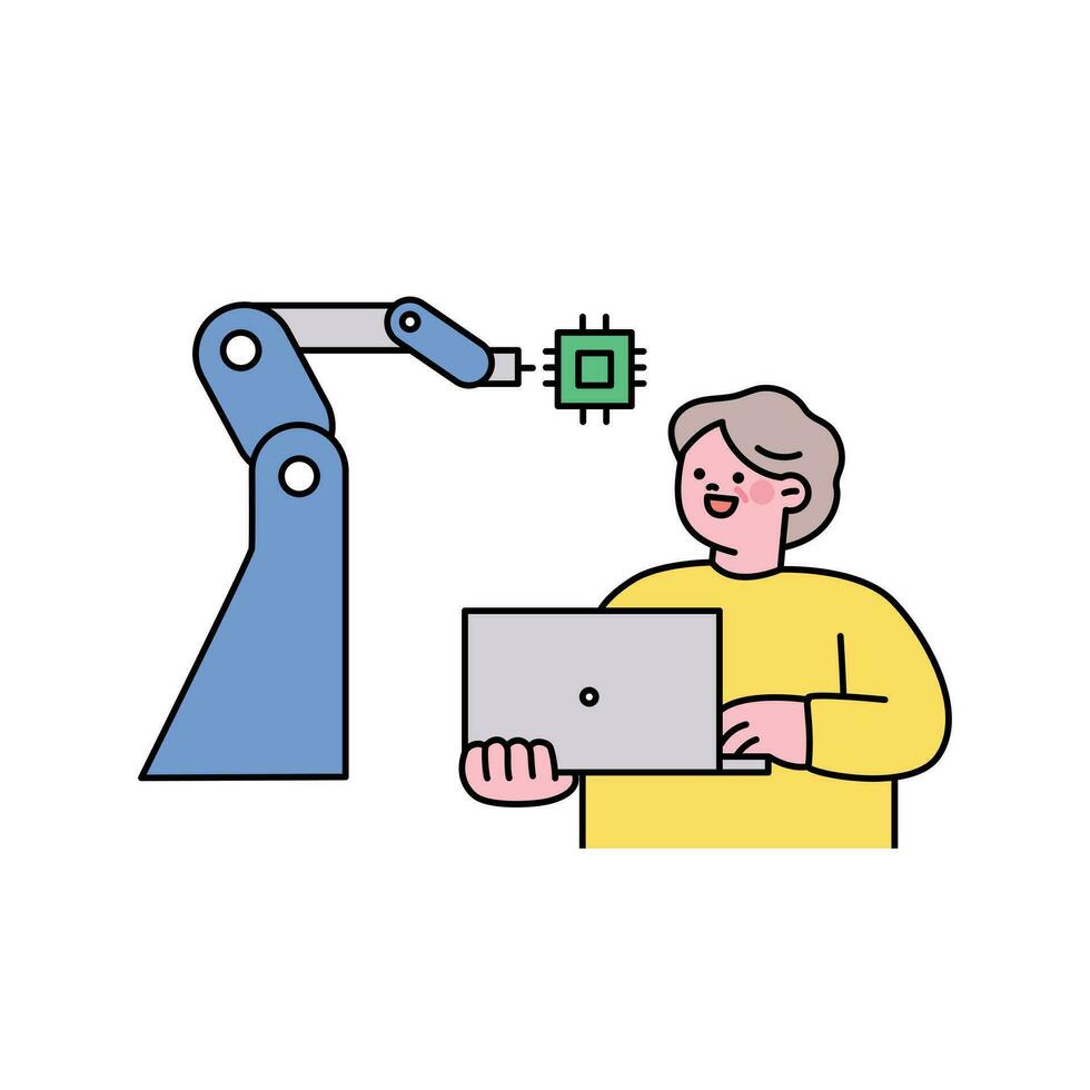 Senior lifestyle character. Robot arm and control manager in semiconductor factory. vector