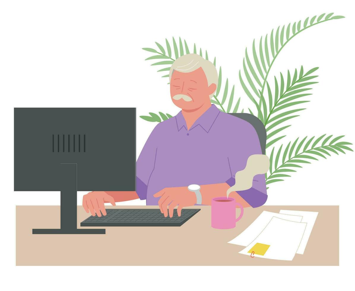 Senior character at work. A grandfather is working on a computer at a desk with papers. vector