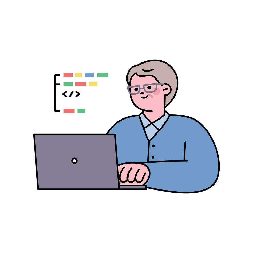 Senior lifestyle character. An elderly man is working on coding. vector