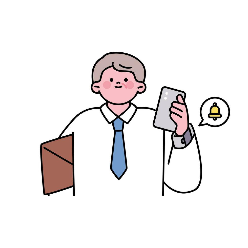 Senior lifestyle character. An elderly businessman is working with a smart watch and a smartphone. vector