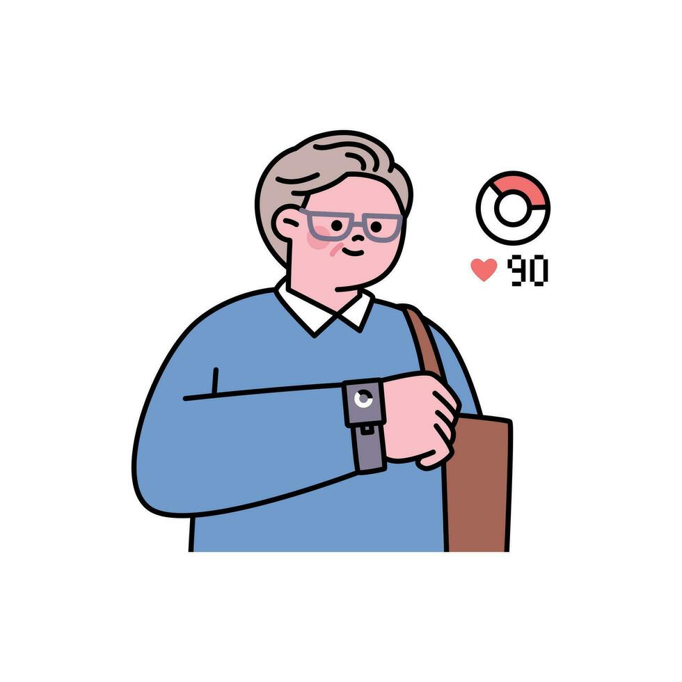 Senior lifestyle character. An elderly man is checking his health by looking at his smart watch. vector