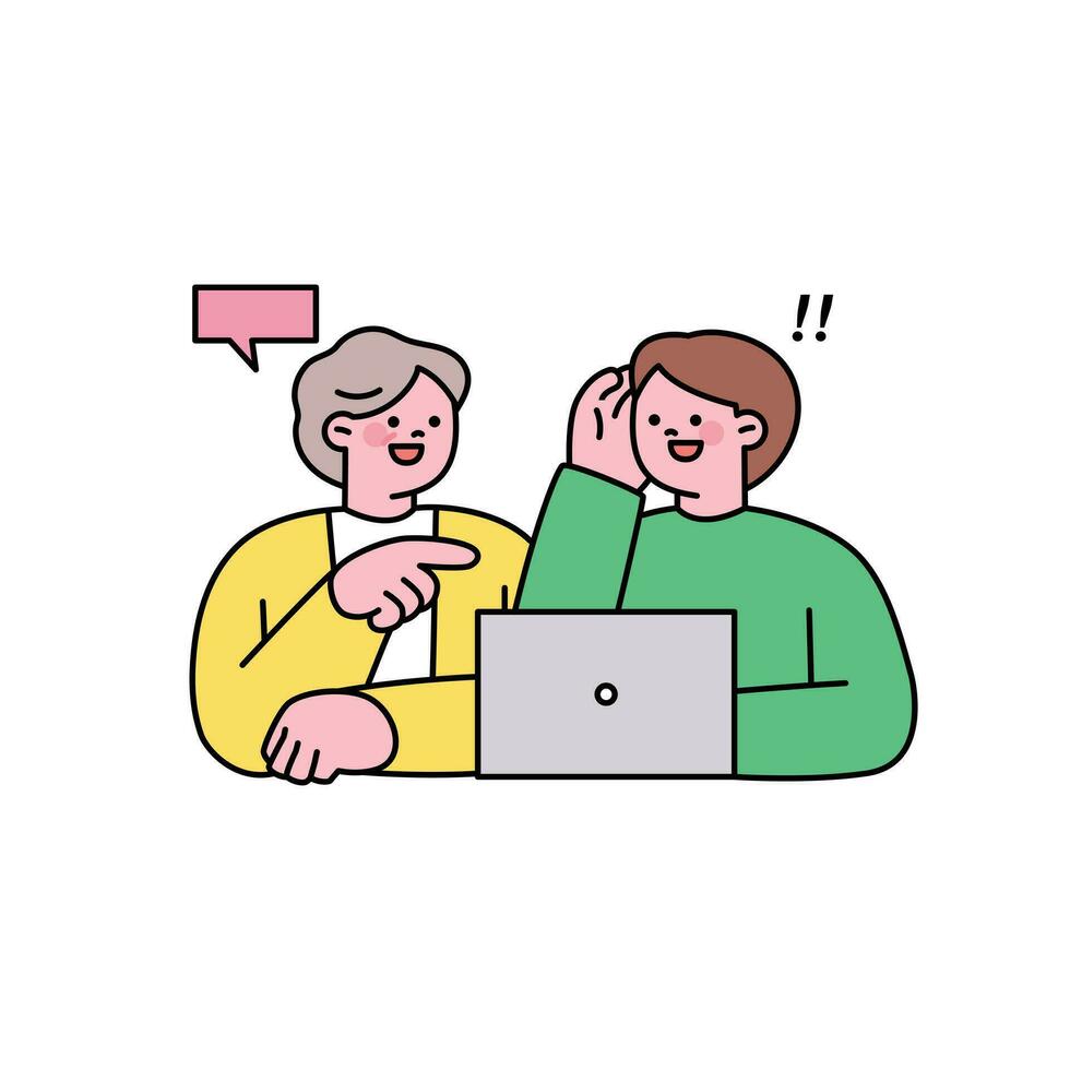 Senior lifestyle character. An elderly woman is imparting knowledge to a young boy through a computer. vector