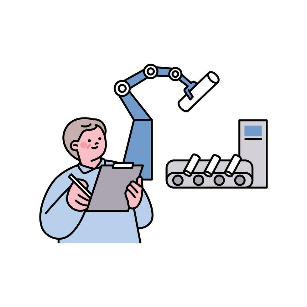 Senior lifestyle character. An elderly factory manager is managing automated machines. vector
