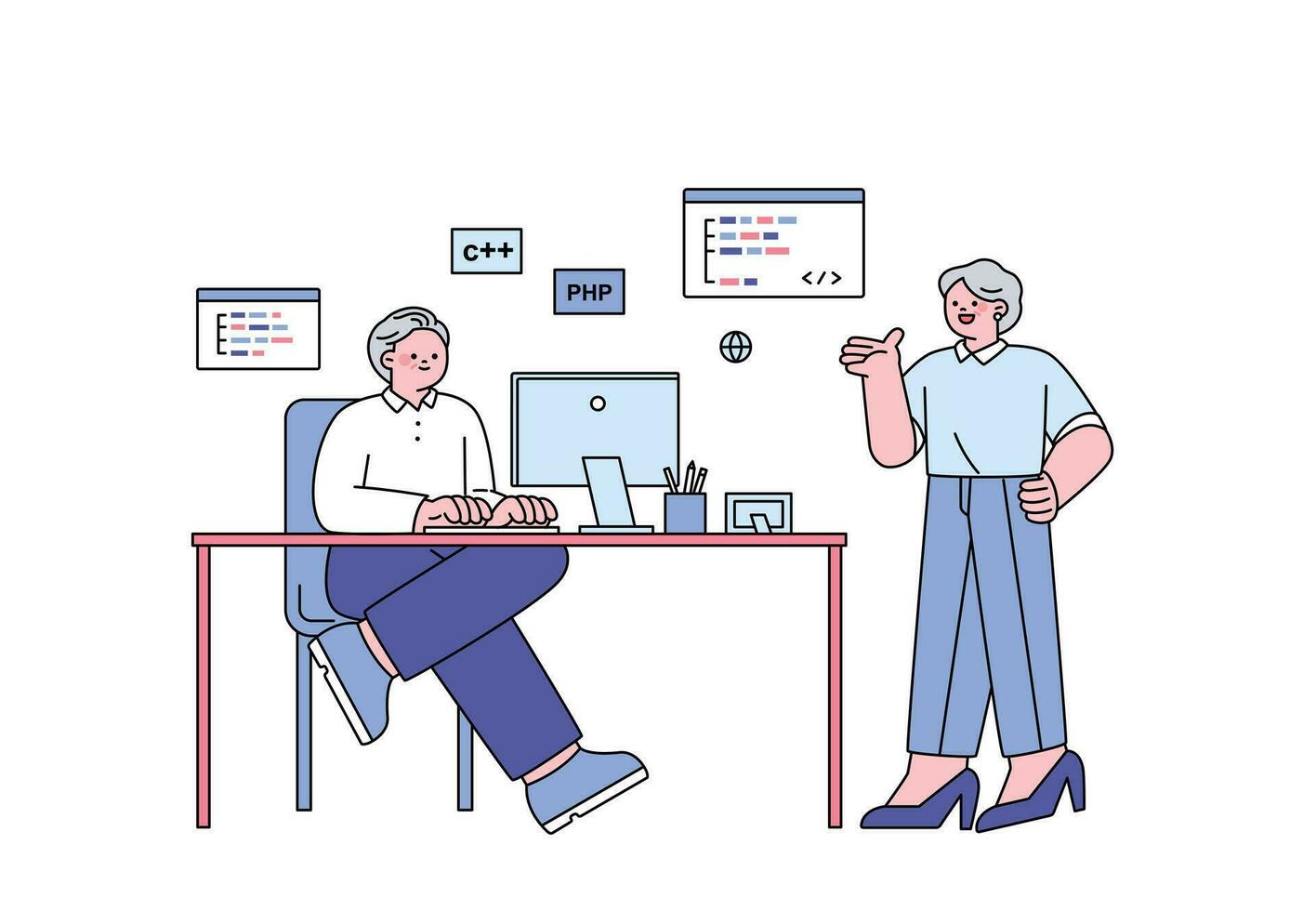 Senior lifestyle character. Senior developers are having a conversation about coding. vector