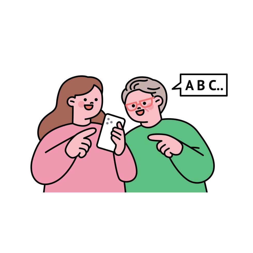 Senior lifestyle character. An elderly man is giving information to a young girl on a smartphone. vector