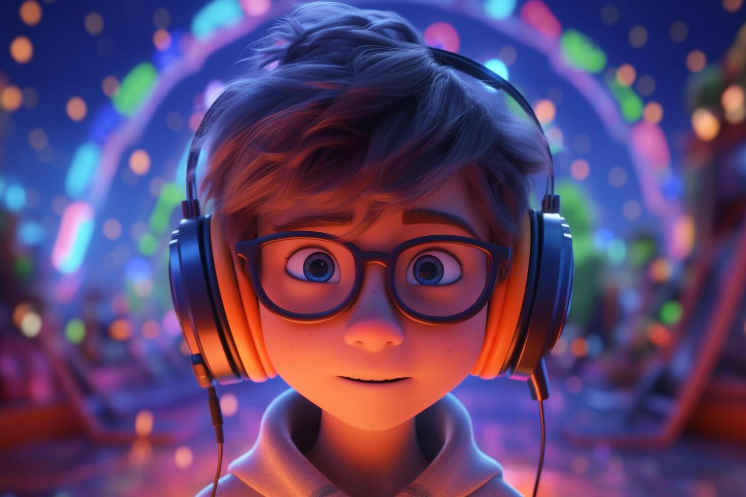 DJ Cartoon boy with headphones and colorful lights, photo