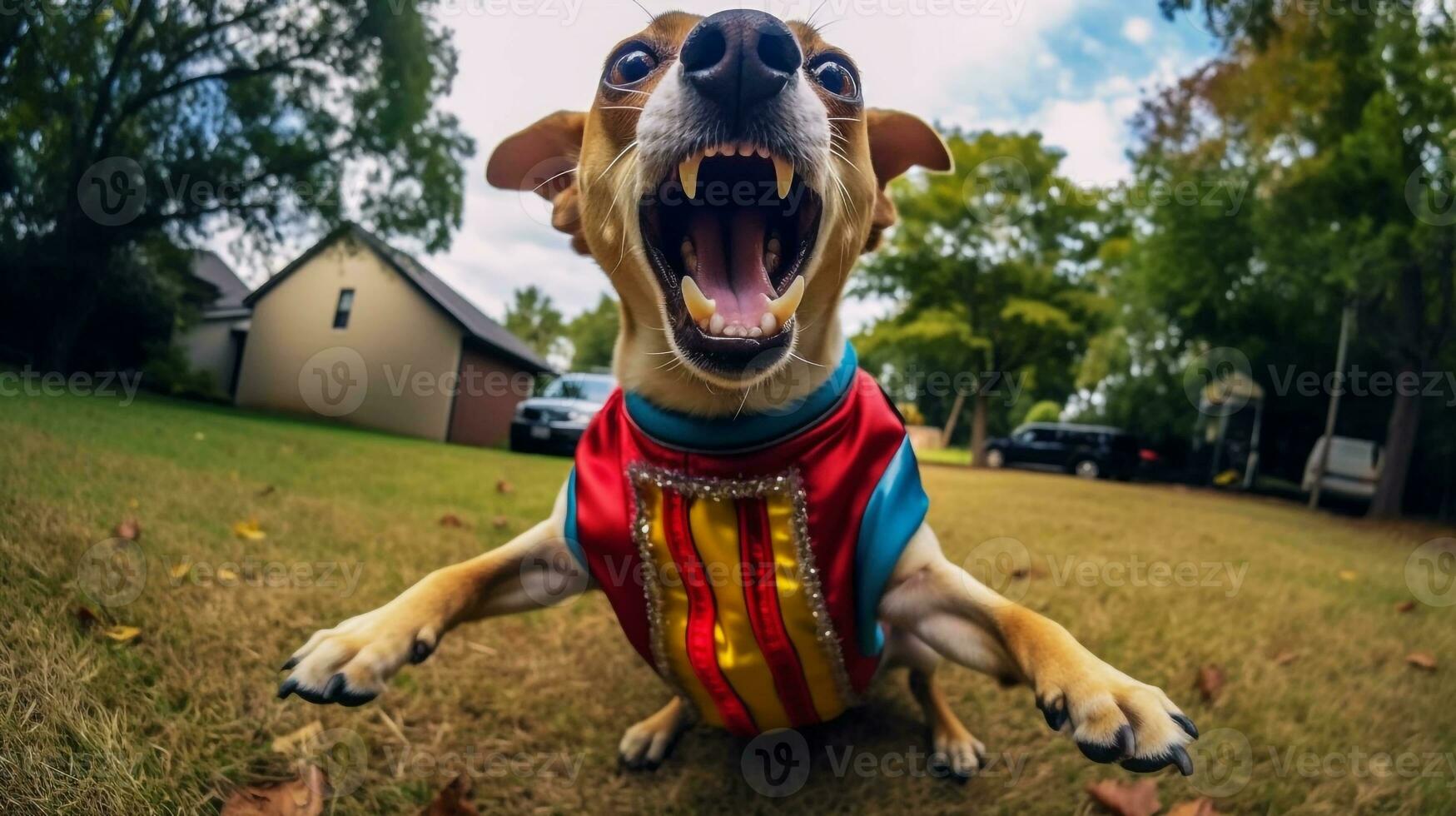 A dog dressed in a silly costume, all bursting into laughter, AI-generated photo