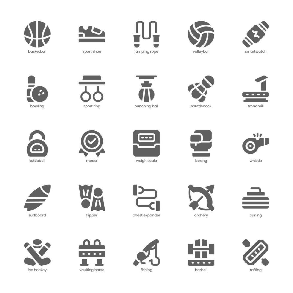 Sports Equipment Icon pack for your website design, logo, app, and user interface. Sports Equipment Icon glyph design. Vector graphics illustration and editable stroke.