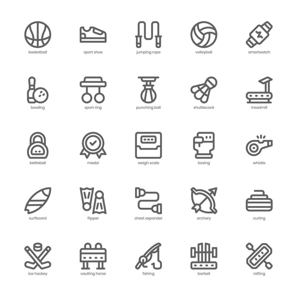 Sports Equipment Icon pack for your website design, logo, app, and user interface. Sports Equipment Icon outline design. Vector graphics illustration and editable stroke.