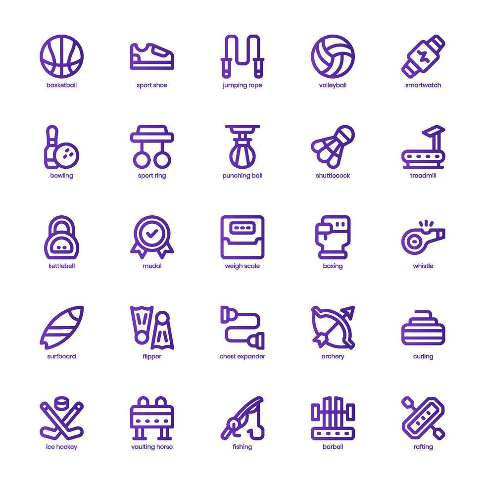 Sports Equipment Icon pack for your website design, logo, app, and user interface. Sports Equipment Icon basic line gradient design. Vector graphics illustration and editable stroke.