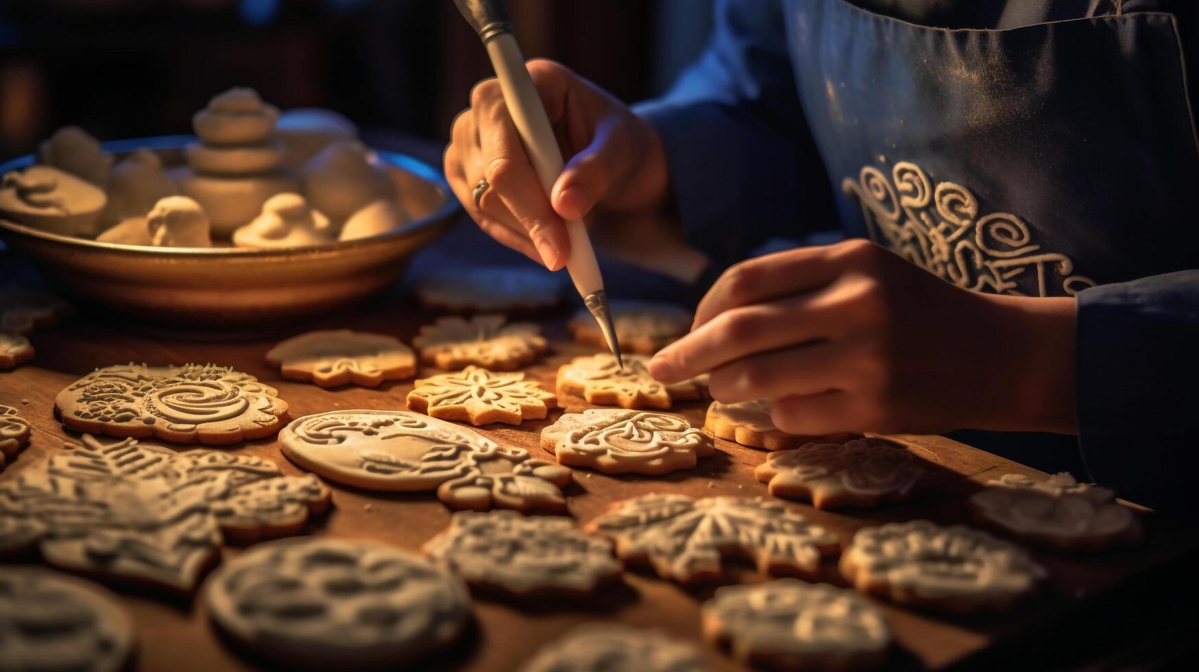 a baker decorating a batch of sugar cookies with intricate designs,  AI Generated photo