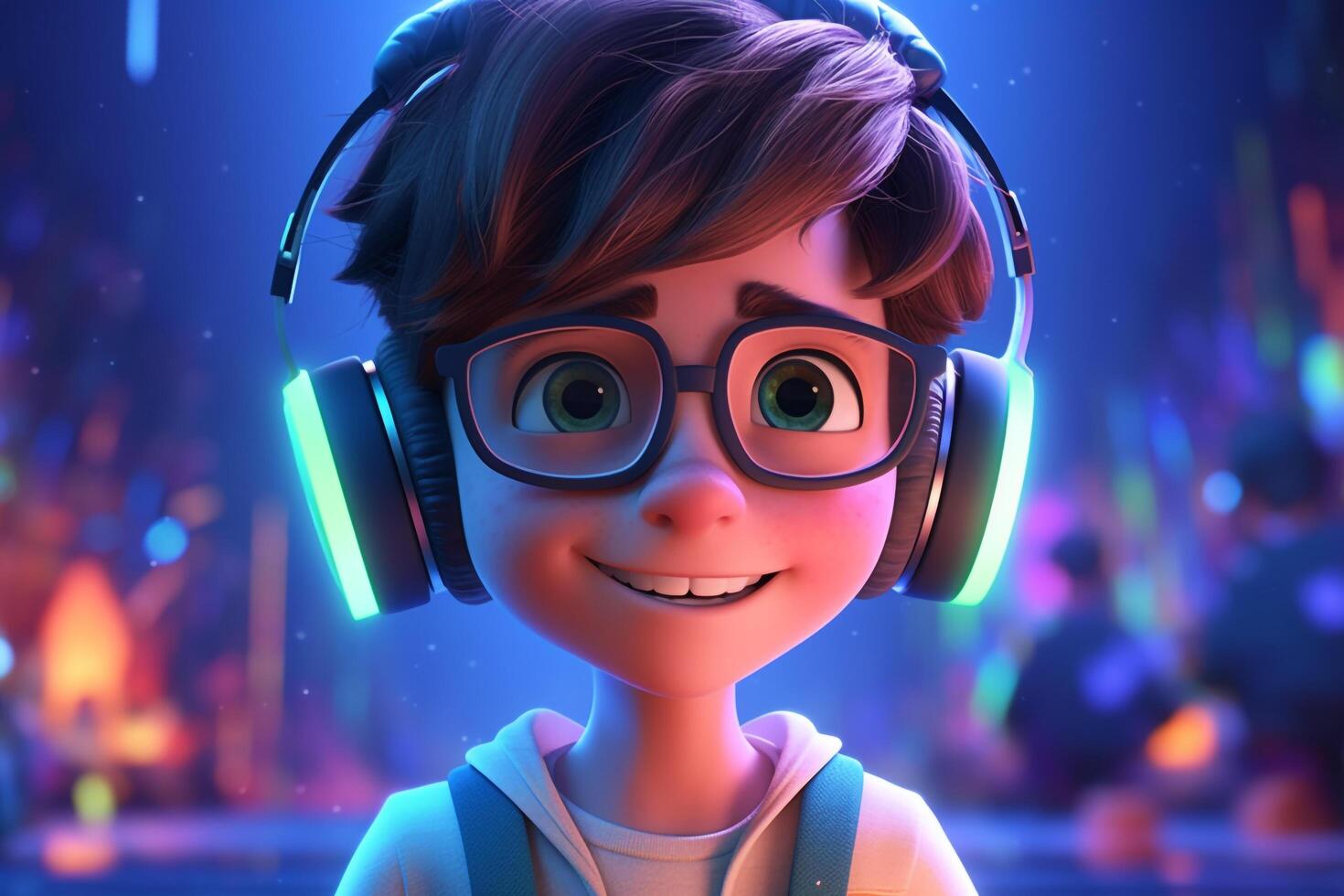 dibujos animados chico DJ con auriculares y vistoso luces, ai generado foto