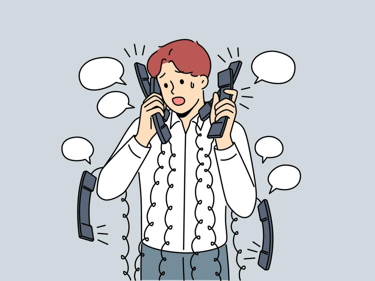 Stressed businessman with numerous headsets overwhelmed with phone calls in office. Exhausted male employee with telephones at workplace struggle with overwork. Vector illustration.