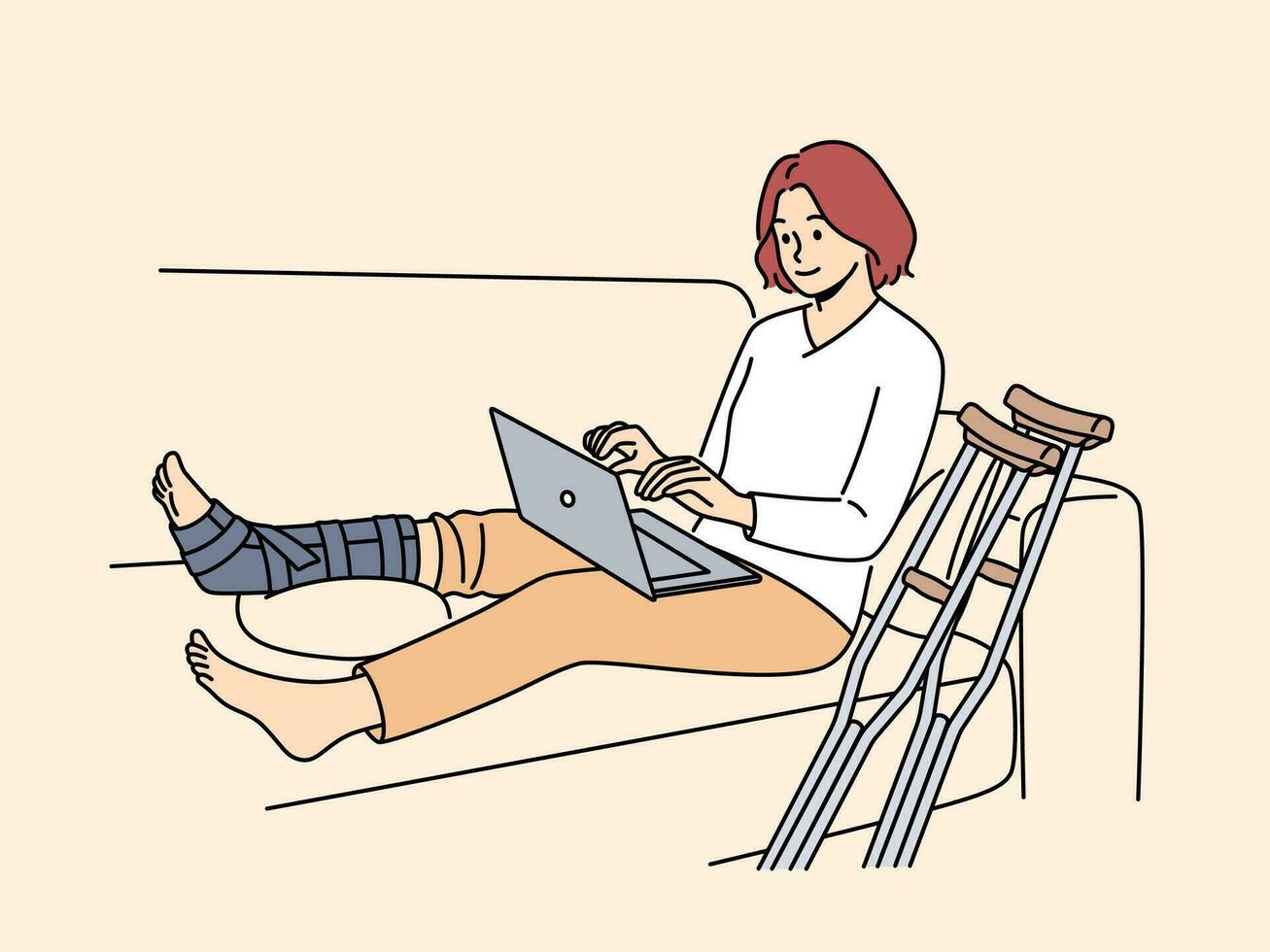 Woman sit on sofa at home with broken leg working on computer. Positive female with cast on leg freelance on laptop. Sick leave and remote work. Vector illustration.