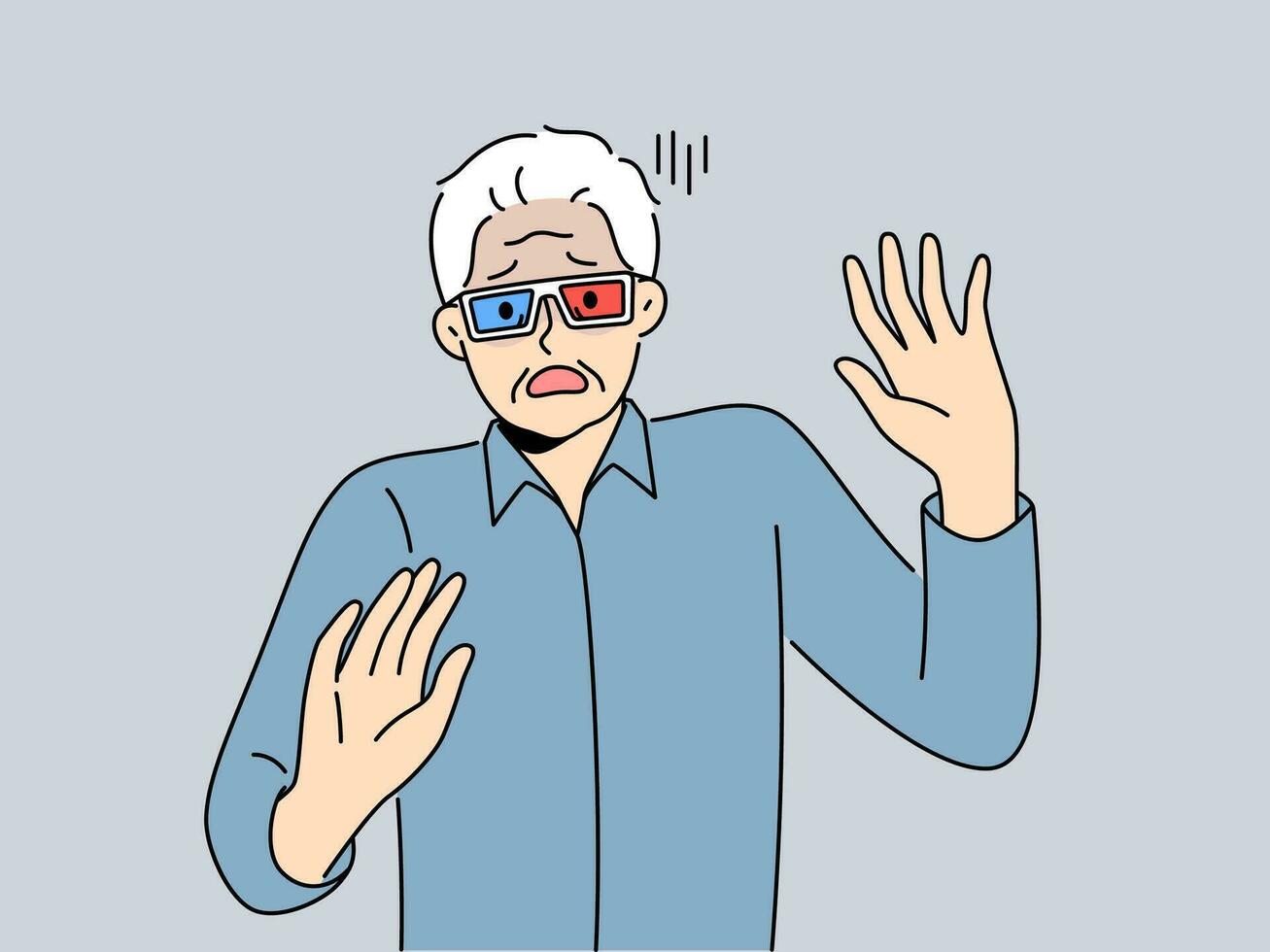 Elderly man in cinema glasses gets scared sees 3d special effects in movie for first time. Grey-haired pensioner in glasses exclaims and waves hands watching modern film with 3d effect vector