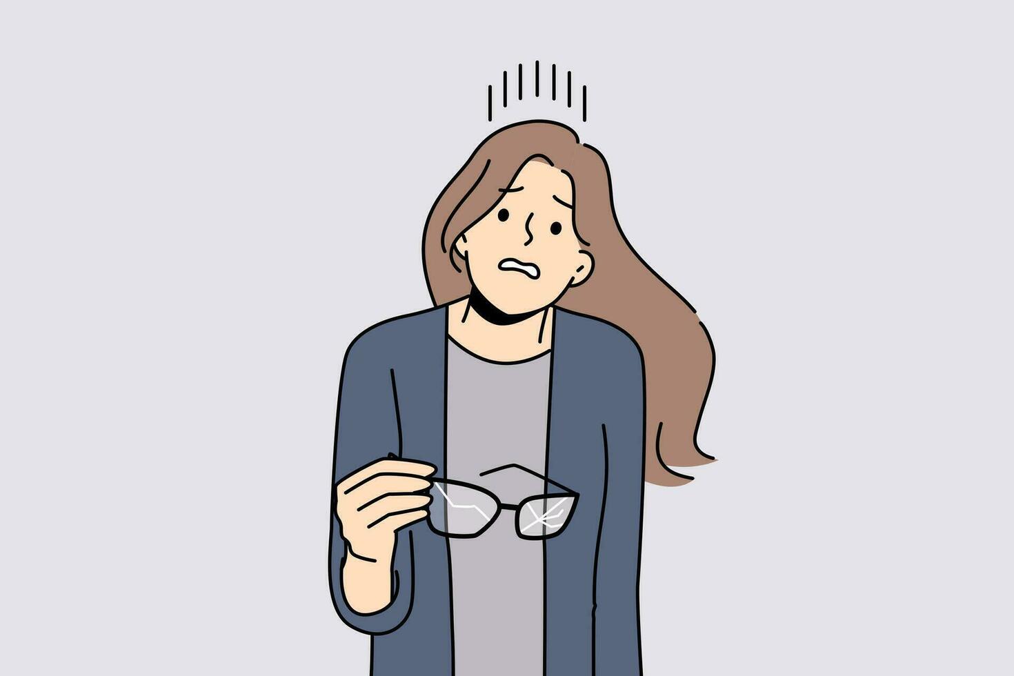 Woman with broken glasses in hands makes confused face not knowing how to solve vision problem. Careless girl holds glasses with cracked glass and needs to go to optometrist or buy contact lenses vector