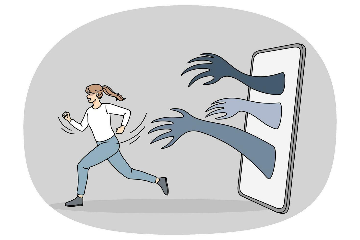 Woman running away from hands from cell vector