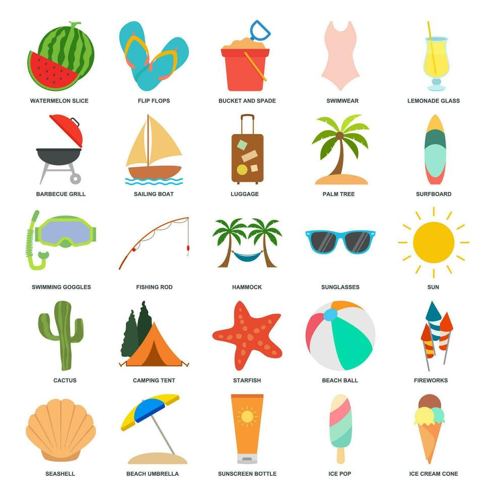 verano icono colocar, viaje símbolos recopilación, logo ilustraciones, playa iconos, turismo señales lineal pictogramas paquete aislado vector ilustración