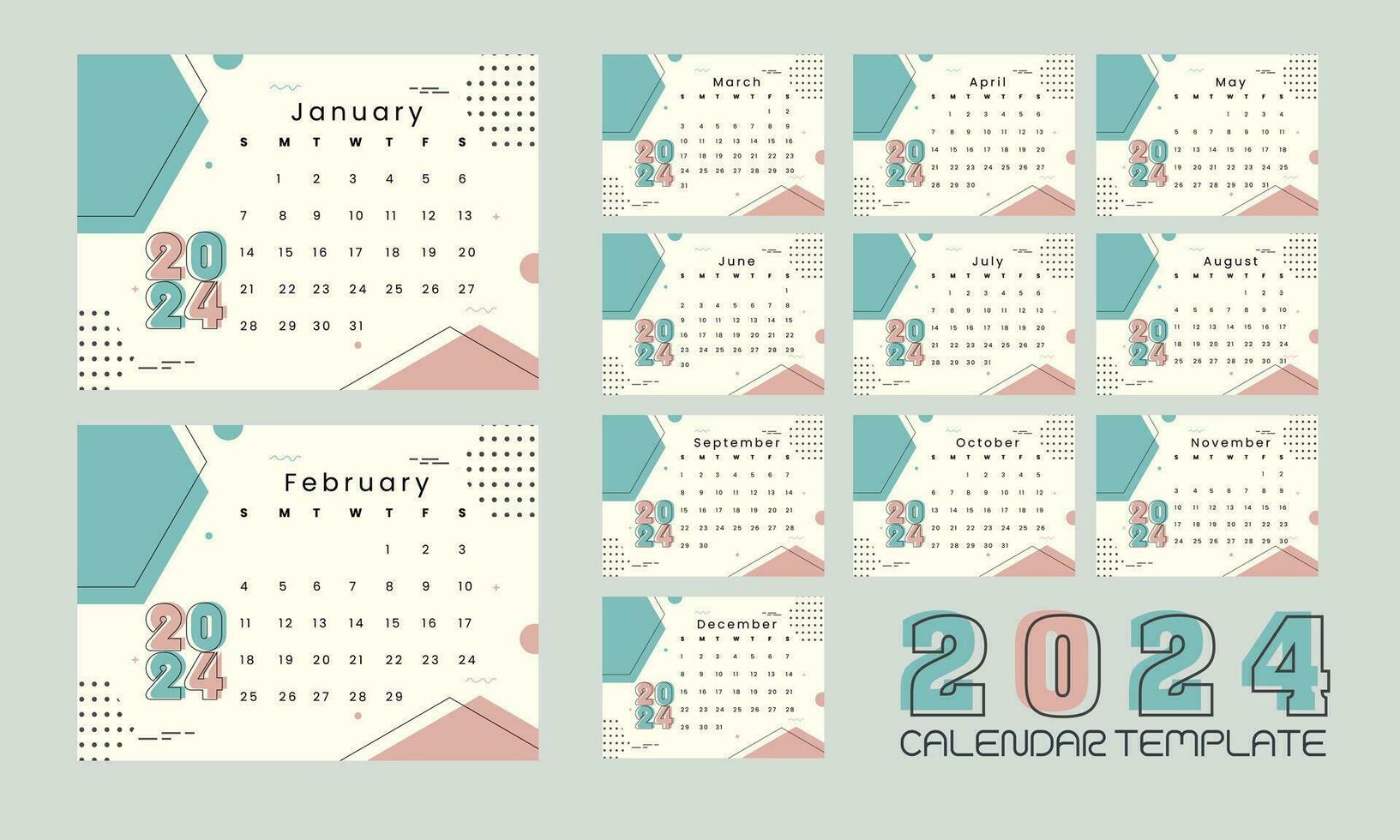 2024 calendar design with background vector