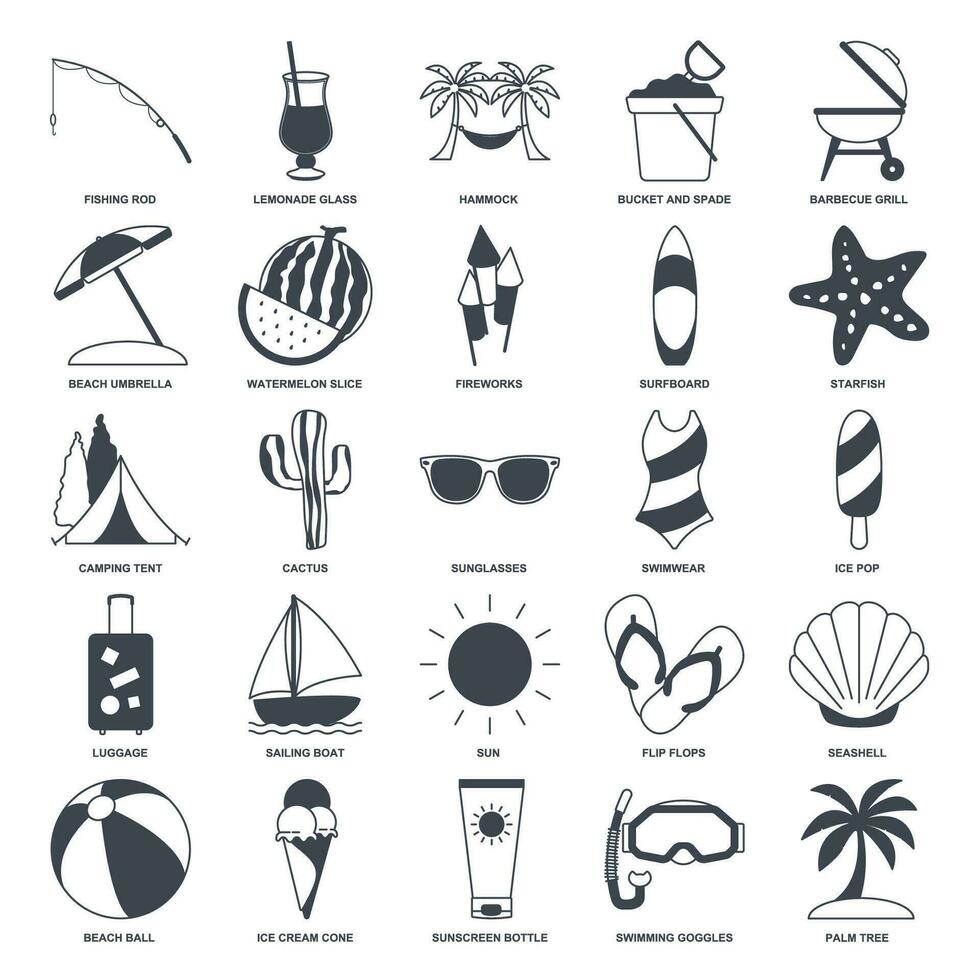 Summer icon set, travel symbols collection, logo illustrations, beach icons, tourism signs linear pictograms package isolated vector illustration