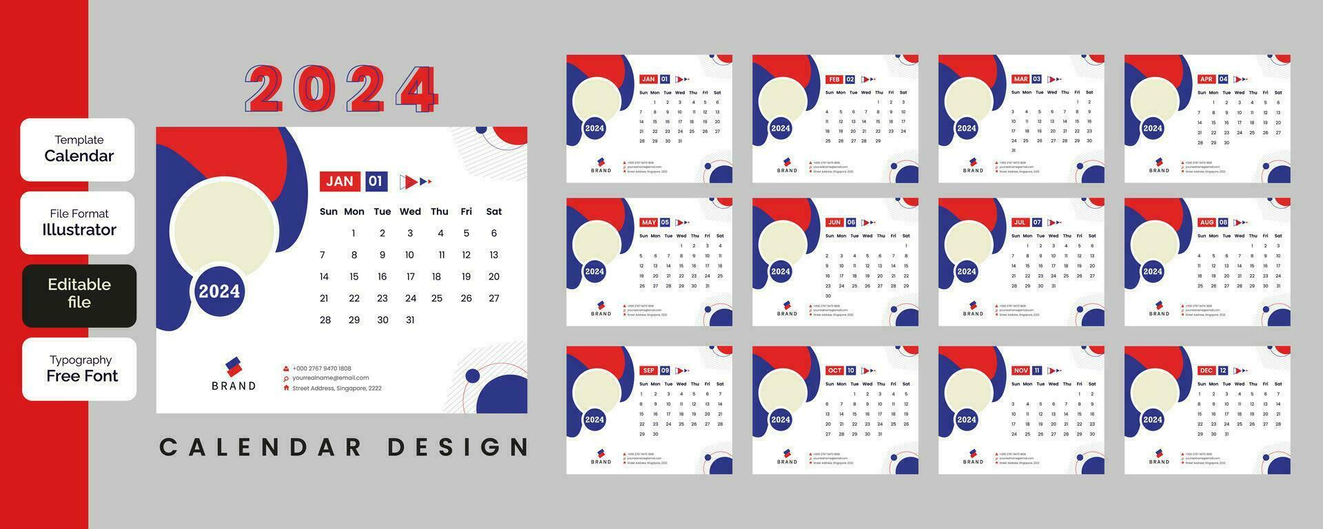 2024 calendar design with background vector