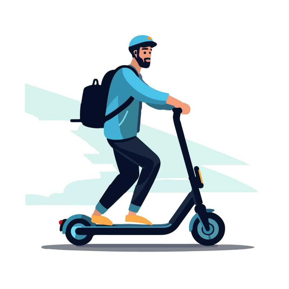 fácil ciudad desplazamientos - un hombre paseos un eléctrico scooter, abrazando Respetuoso del medio ambiente viajar. experiencia urbano movilidad con esta vibrante vector