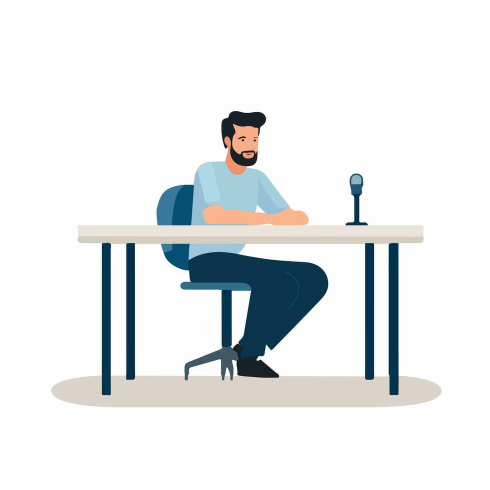 Engaging presentations - Illustrate a man sitting at a table with a microphone, ready to captivate audiences. Create an atmosphere of dynamic communication with this vector illustration.