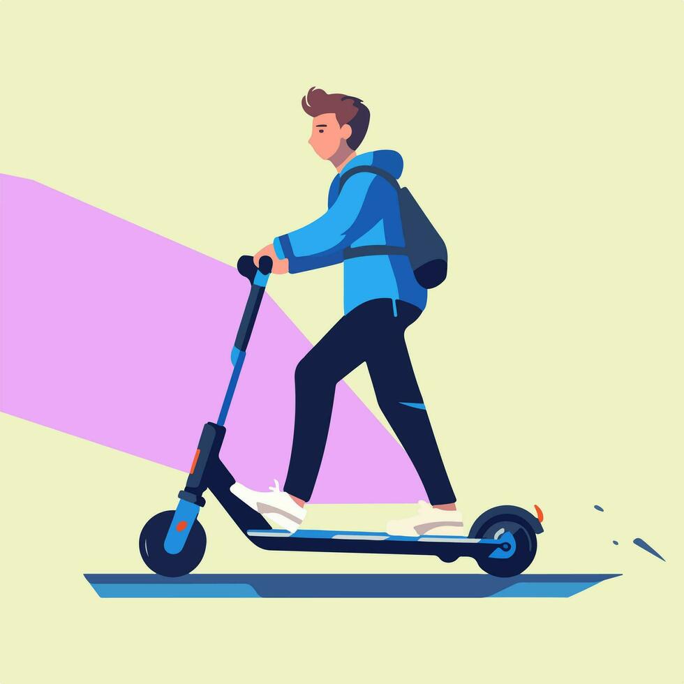 Cruising through city - Experience the thrill of urban mobility as a man effortlessly glides on his electric scooter. Capture the energy and freedom of eco-friendly transportation with this vibrant vector