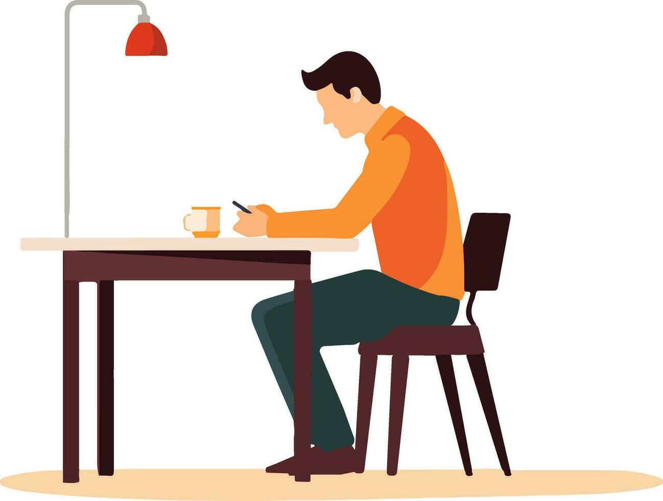 conectado y comprometido - ilustrar un hombre sentado a un mesa, absorto en su teléfono. capturar moderno comunicación y tecnología con esta vector ilustración.