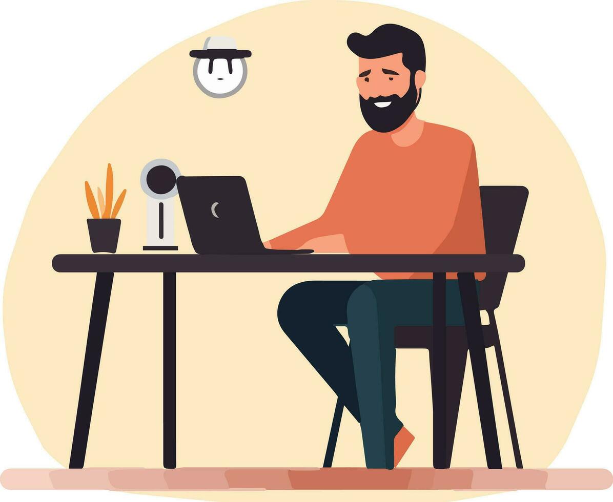 Productive workspace - A vector illustration depicting a man seated at a table with a laptop, engrossed in