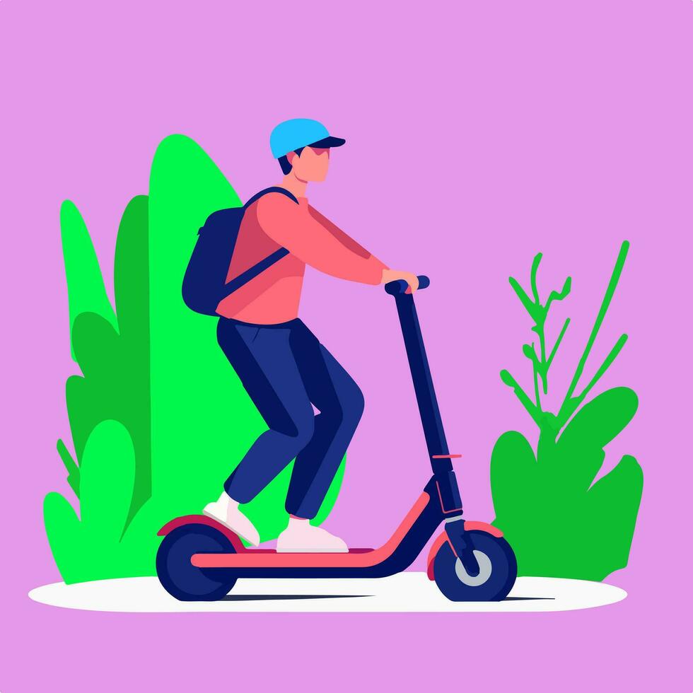 Sustainable city rides - Experience urban mobility as a man effortlessly glides on an electric scooter. Embrace eco-friendly transportation with this dynamic vector illustration