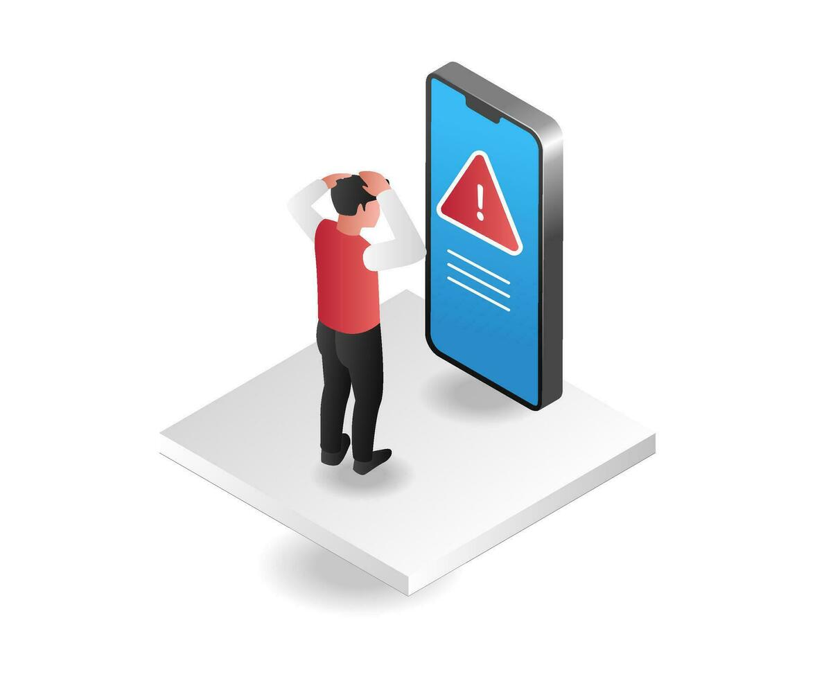 Isometric concept illustration of a stressed man because he gets a warning on a smartphone vector