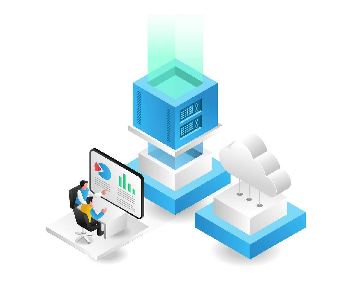 3d isometric concept illustration of team analyzing cloud server data vector