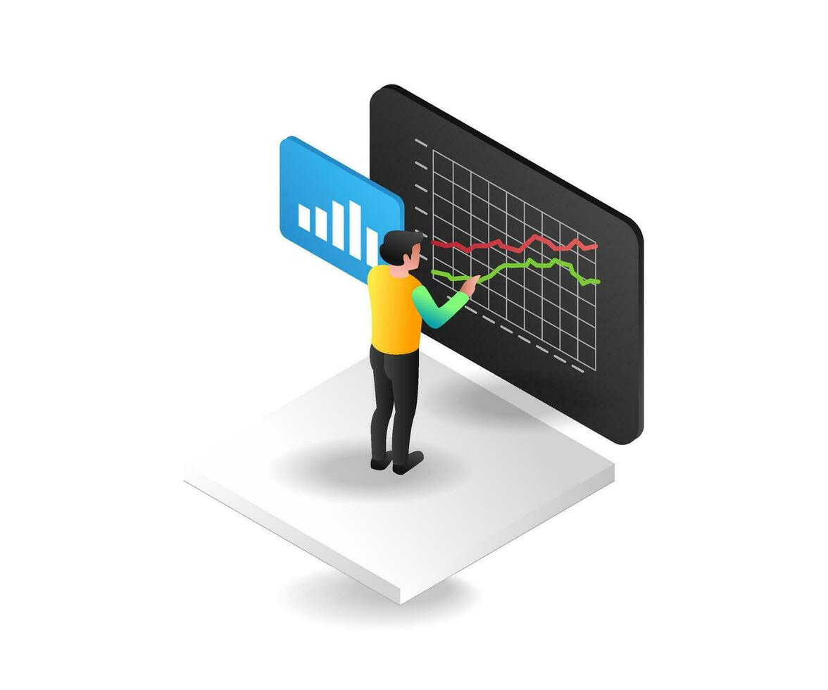 Flat isometric concept illustration of analyzing data on monitor vector