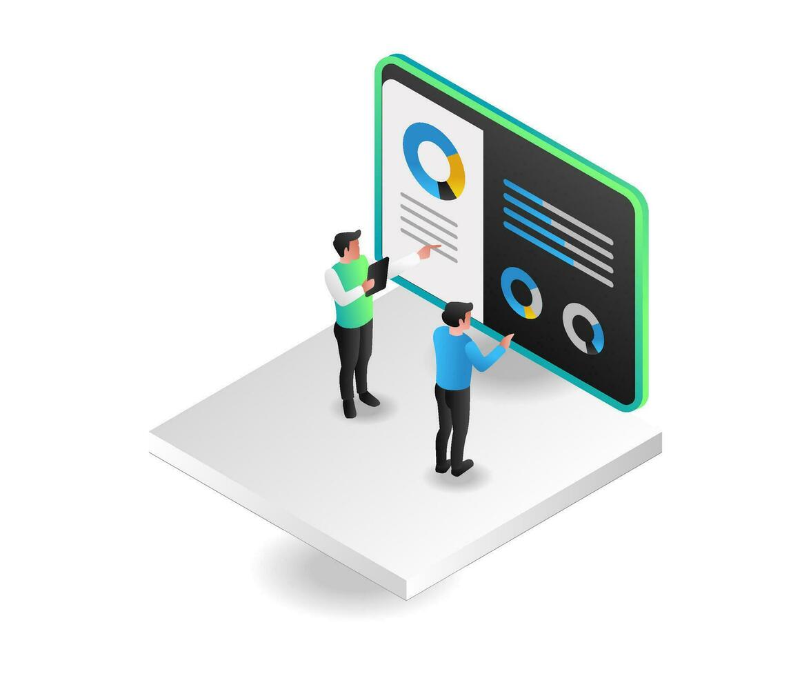 Team team isometric concept illustration is analyzing business data vector