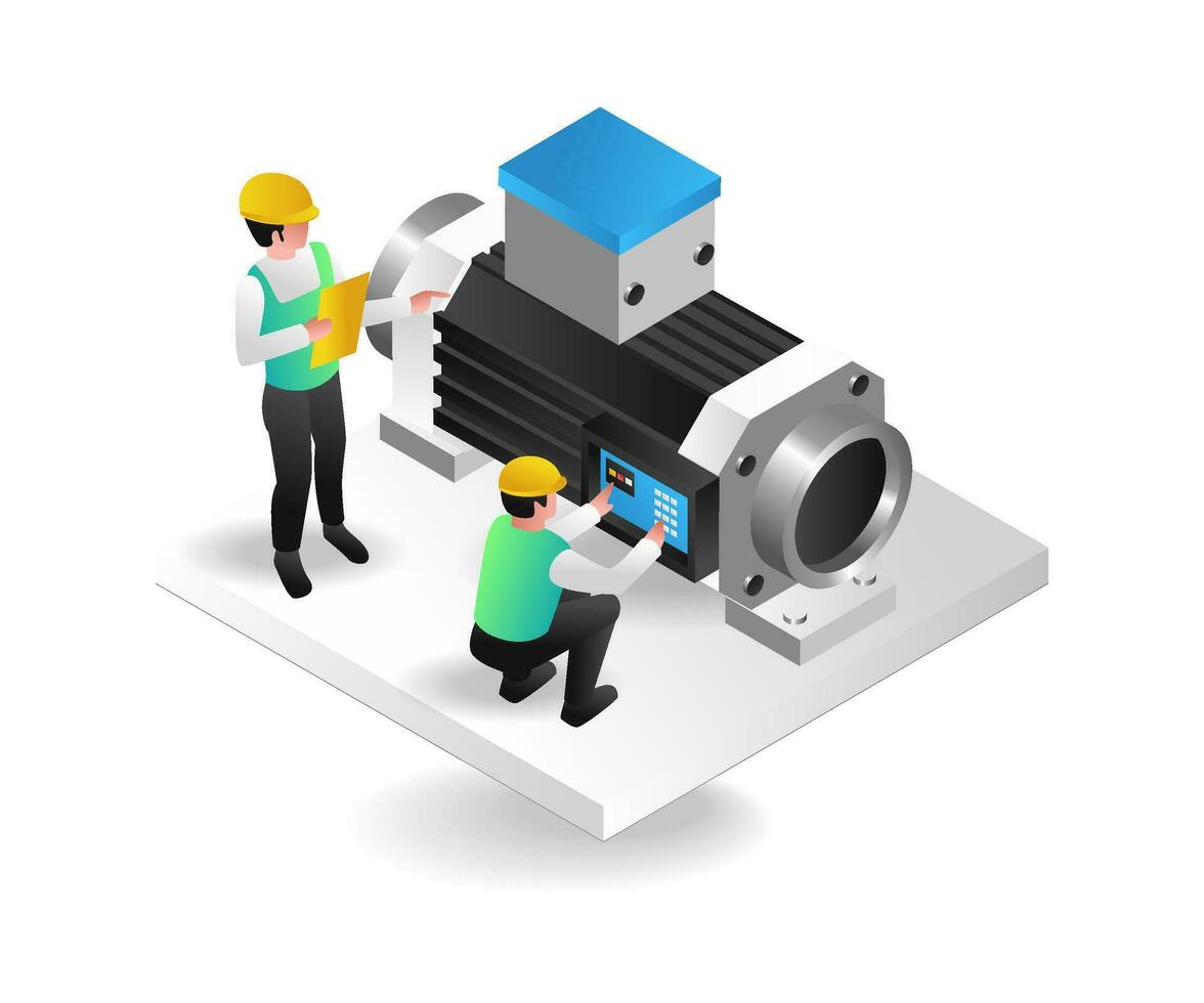 3d isometric concept illustration of a team running a big machine vector