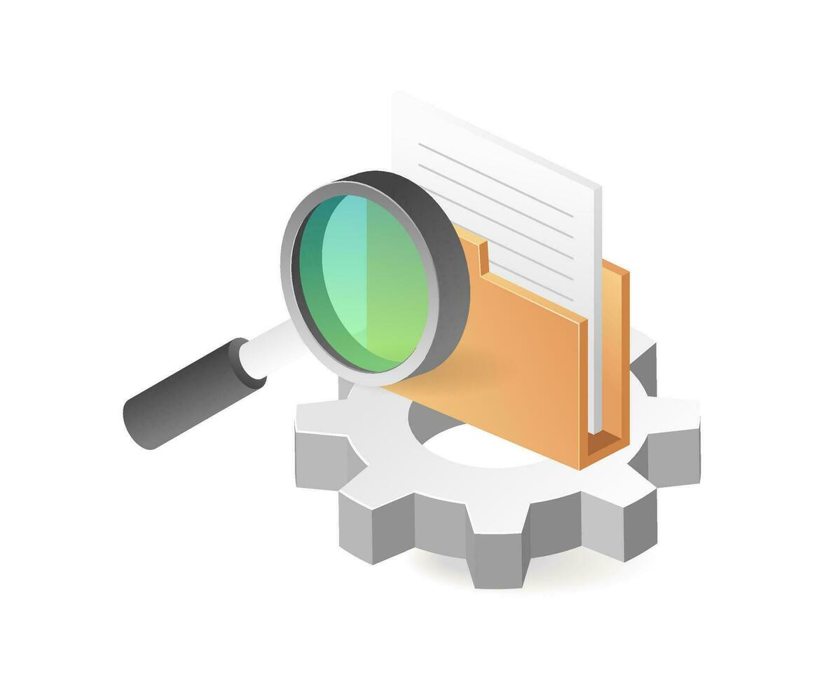The process of searching data in a folder with a magnifying glass vector