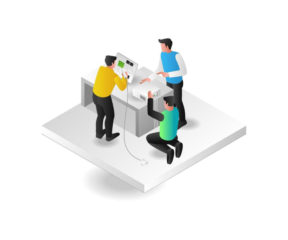 Isometric concept illustration of a team assembling electronic devices vector