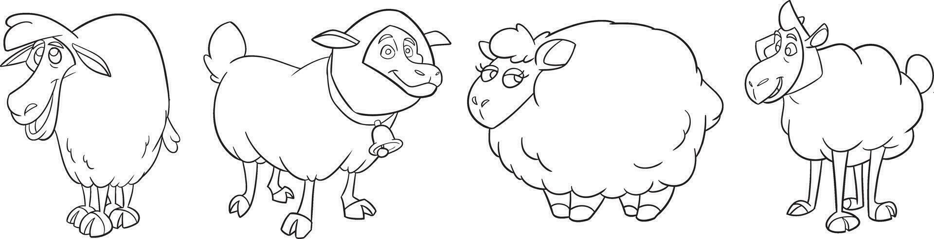 Nice set of sheep. Children's coloring page. Hand drawn vector illustration. Black and white clip art. Doodle-style. Outline vector illustration for coloring book. Vector leaf icon.