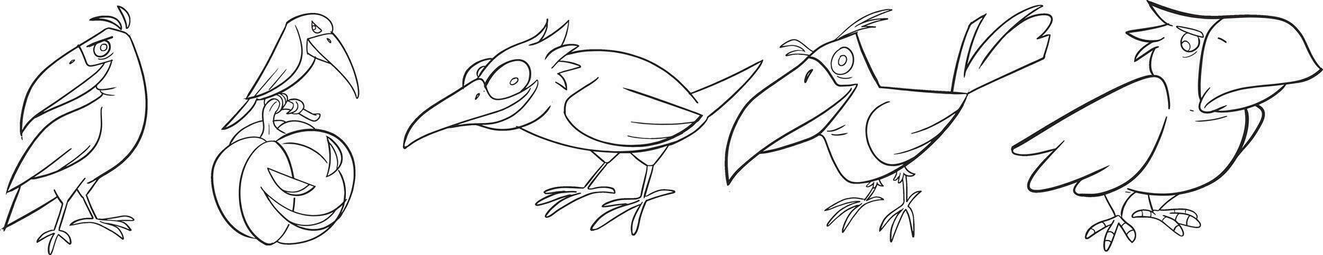 Punchy crow for party coloring pages. Halloween coloring page with weird objects, cute hand drawn Halloween coloring sheet. Doodle-style. Outline vector illustration for coloring book.