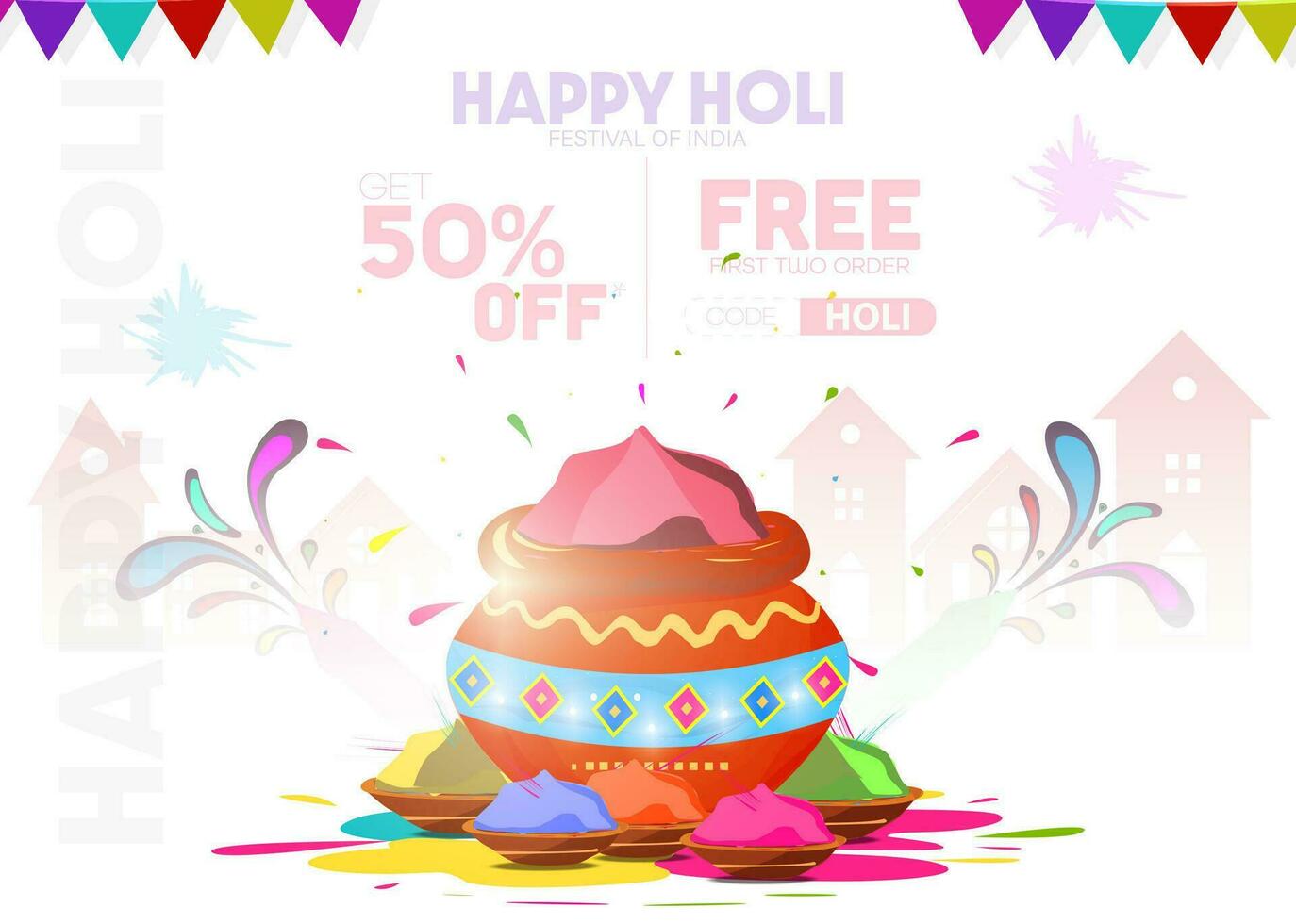 grande rebaja oferta publicidad póster o bandera diseño. contento holi color festival en India. vector