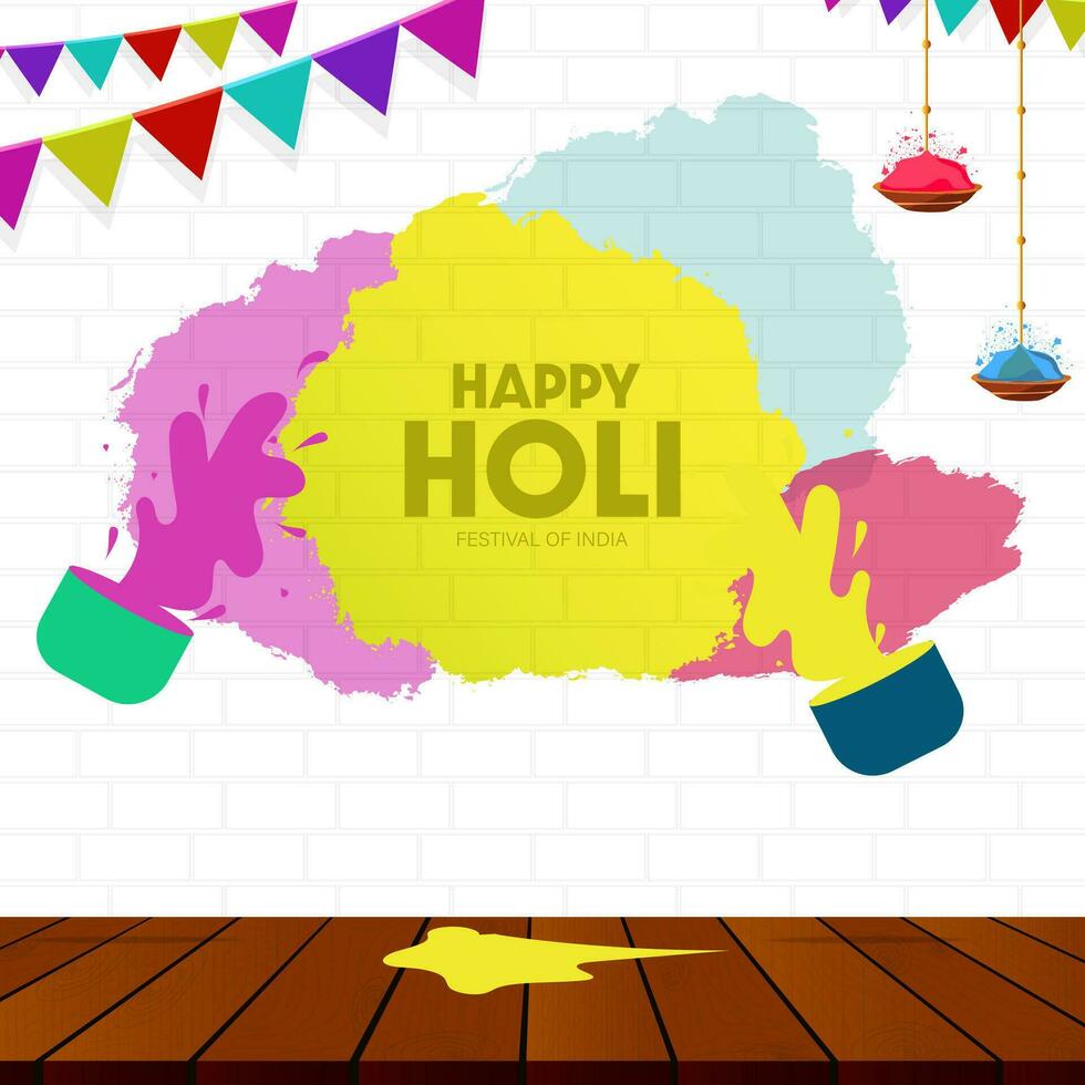 illustration of spraying multi-colored holly powder on the wall. Happy Holi Indian Color Festival Celebration Greetings vector