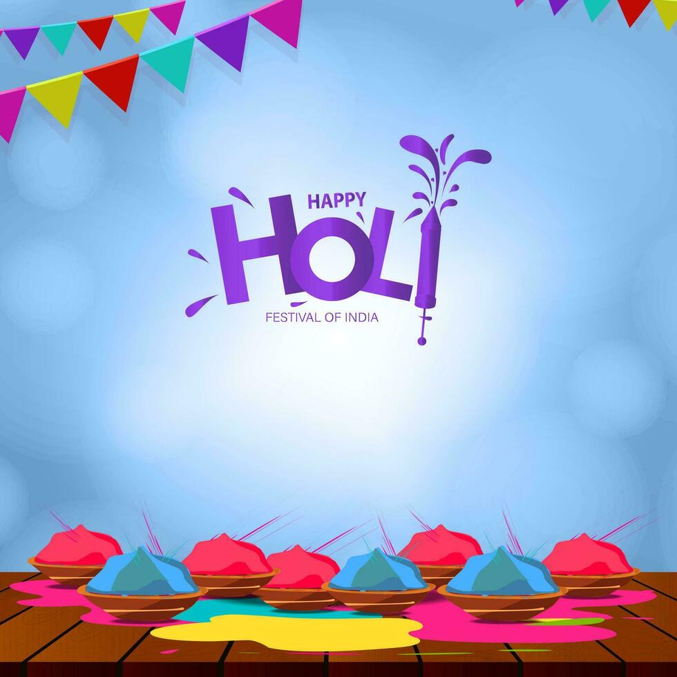 Happy Holi Indian Color Festival Greetings with Bokeh Effect. Colorful blue, pink and green Holi powder pot. vector