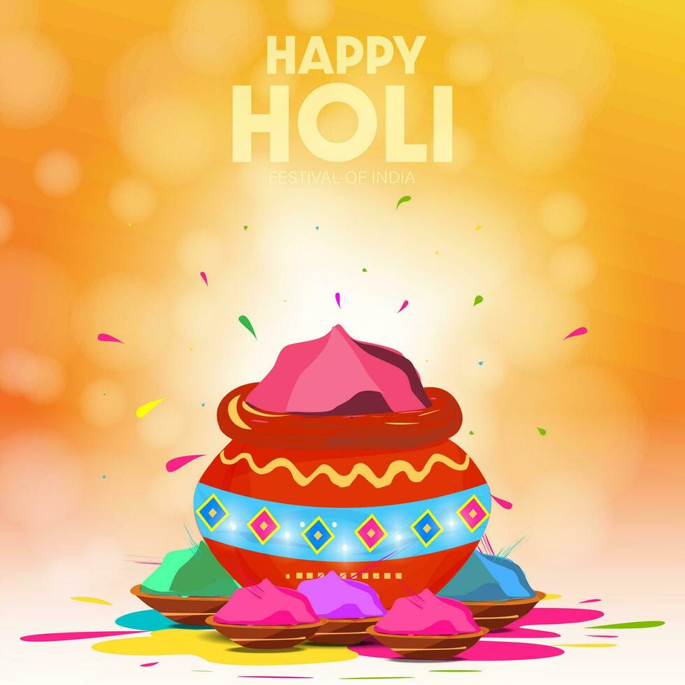 Happy Holi Indian Color Festival Greetings with Bokeh Effect. Colorful blue, pink and green Holi powder pot. vector
